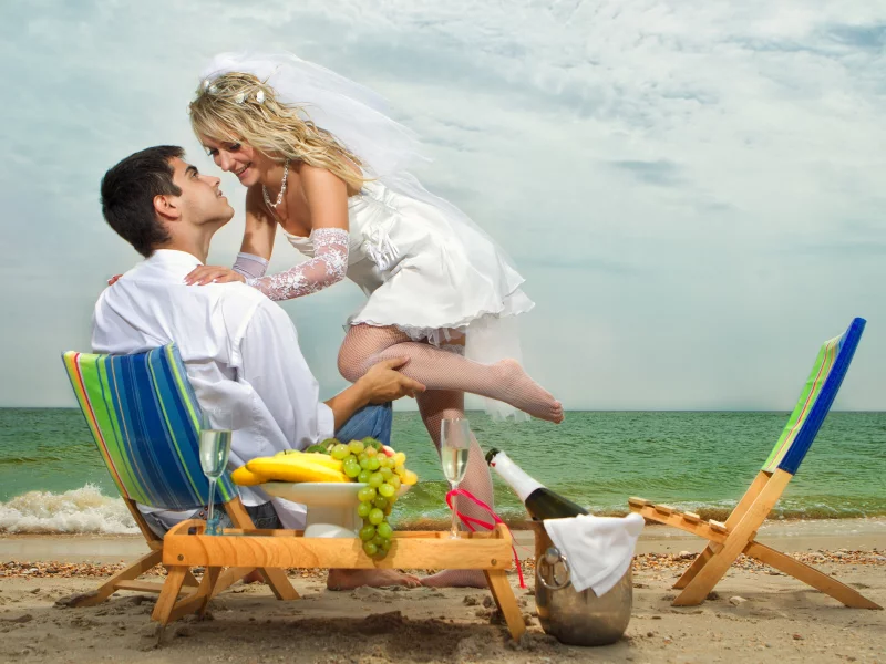 пляж, парень, море, невеста, девушка, фата, жених