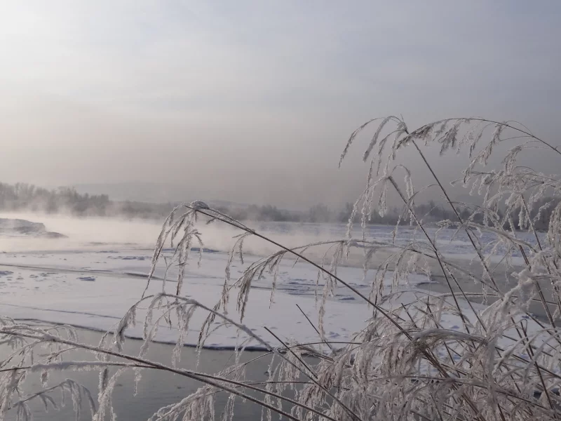 зима, рассвет, туман, река, мороз, сибирь