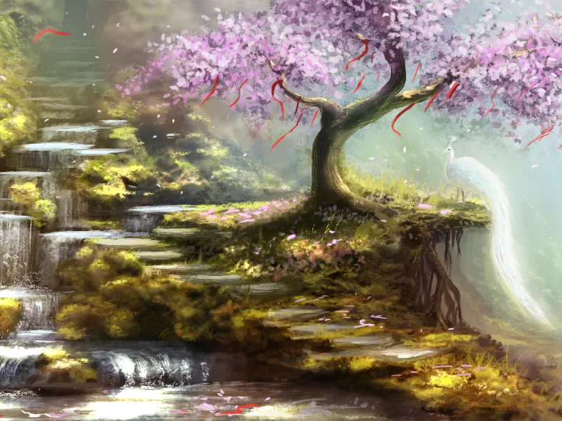 холмы, желания, водопад, дерево, сакура, арт, ленты