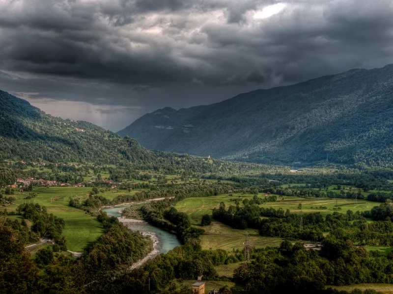 словения, небо, лето, кобарид, hdr, тучи, река соча, горы