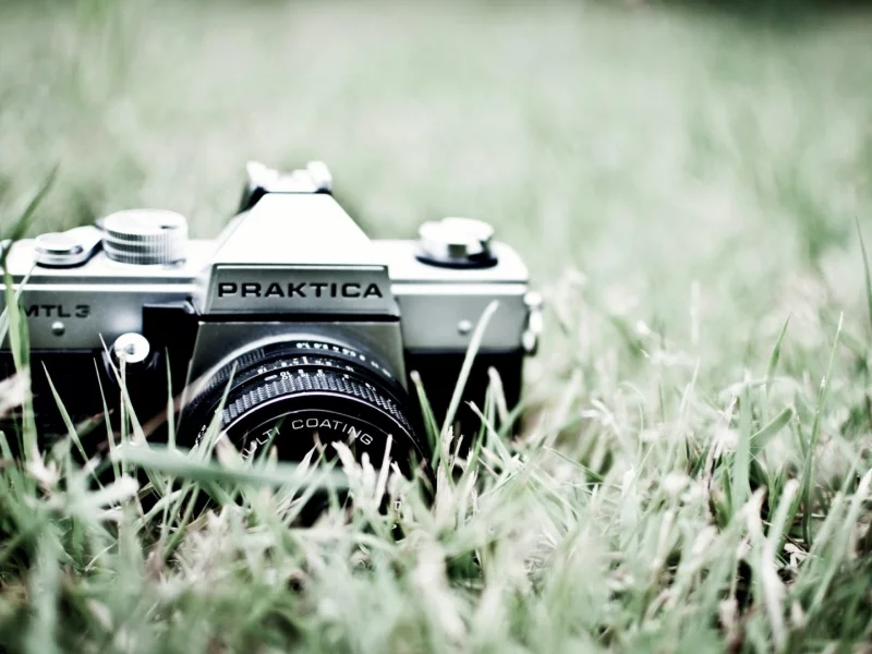 зелёная, трава, фотоаппарат, фон, praktica, объектив