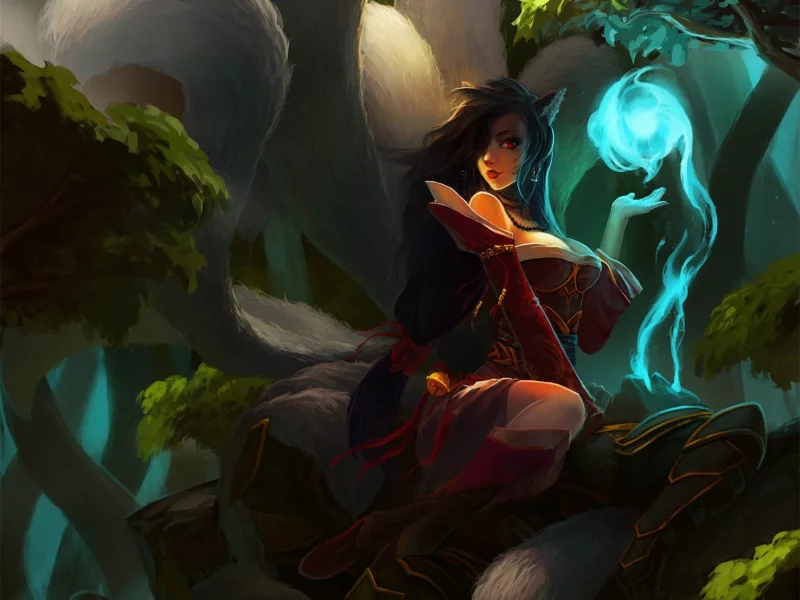 хвосты, девушка, ahri, арт, league of legends, lol, уши, магия, kan liu