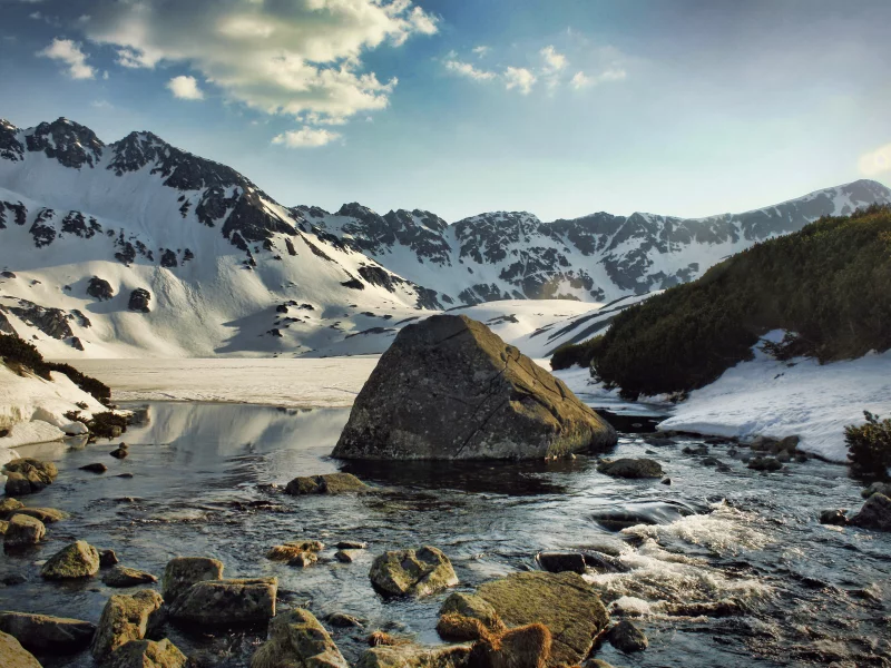 камни, снег, вода, кусты, холод, камень, хвоя, река, горы
