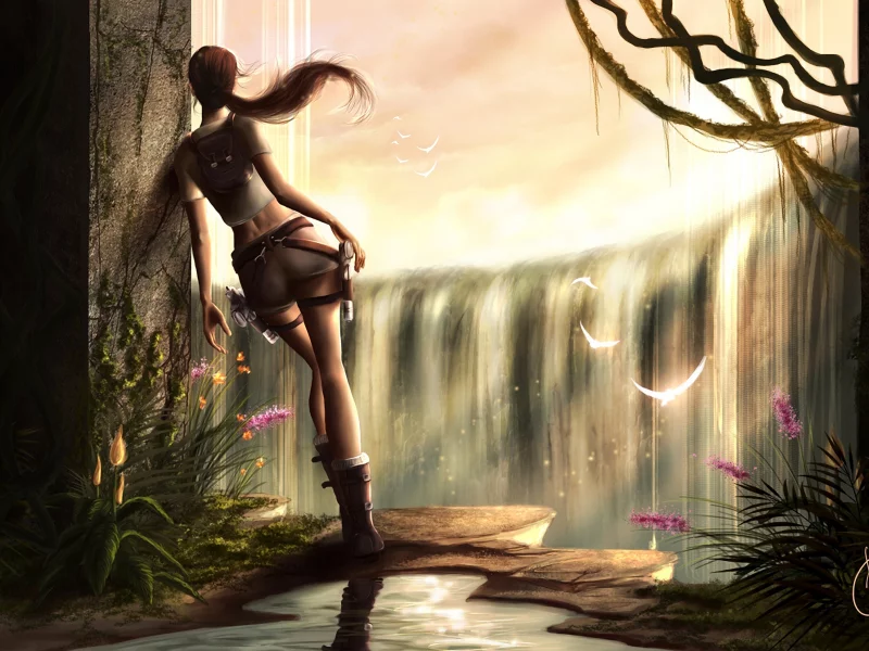 стена, проем, девушка, водопад, tomb raider, свет, lara croft