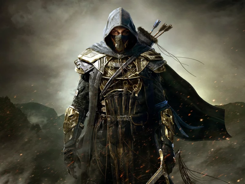 меч, the elder scrolls online, воин, горы, капюшон, броня, стрелы