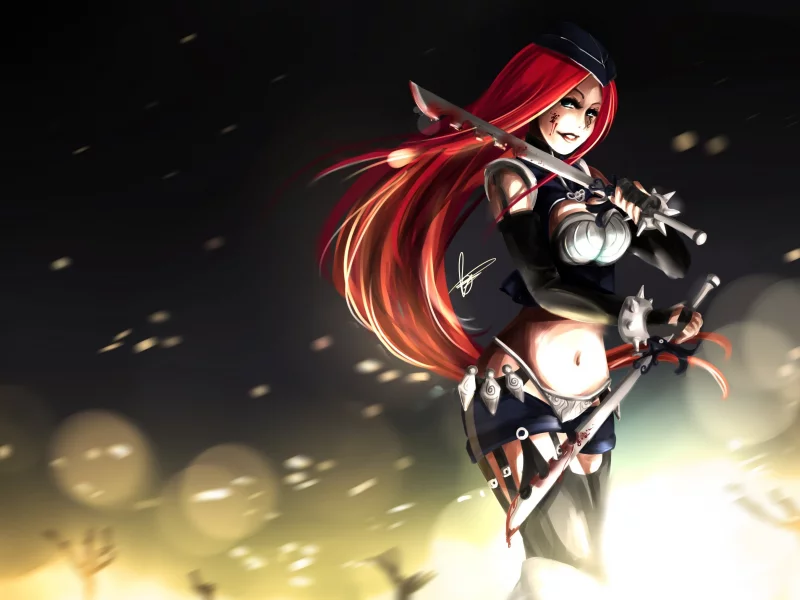 оружие, арт, league of legends, katarina, искры, кровь, девушка