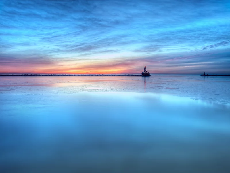 голубое, море, закат, вода, маяк, гладь, вечер
