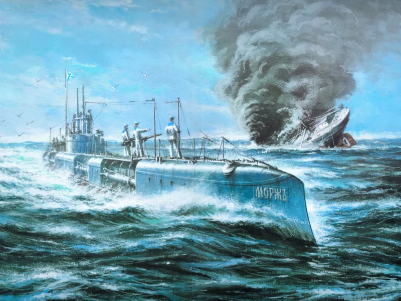 волны, подводная лодка морж, небо, чайки, корабль, море