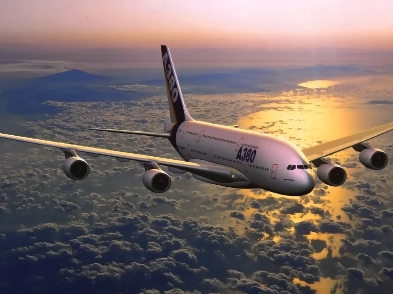 летит, airbus, a380, авиация, закат, самолет, небо, в воздухе