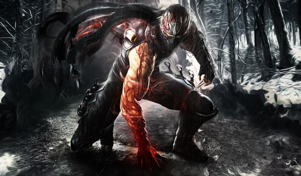 дождь, оружие, парень, доспехи, ниндзя, ninja gaiden, маска