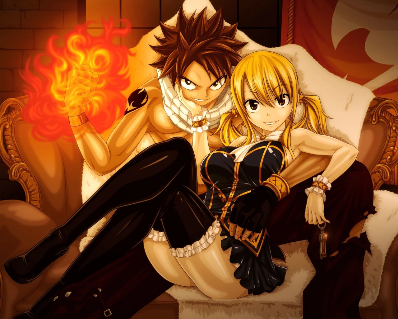 улыбка, взгляд, lucy heartfilia, парень, natsu dragneel, art, девушка