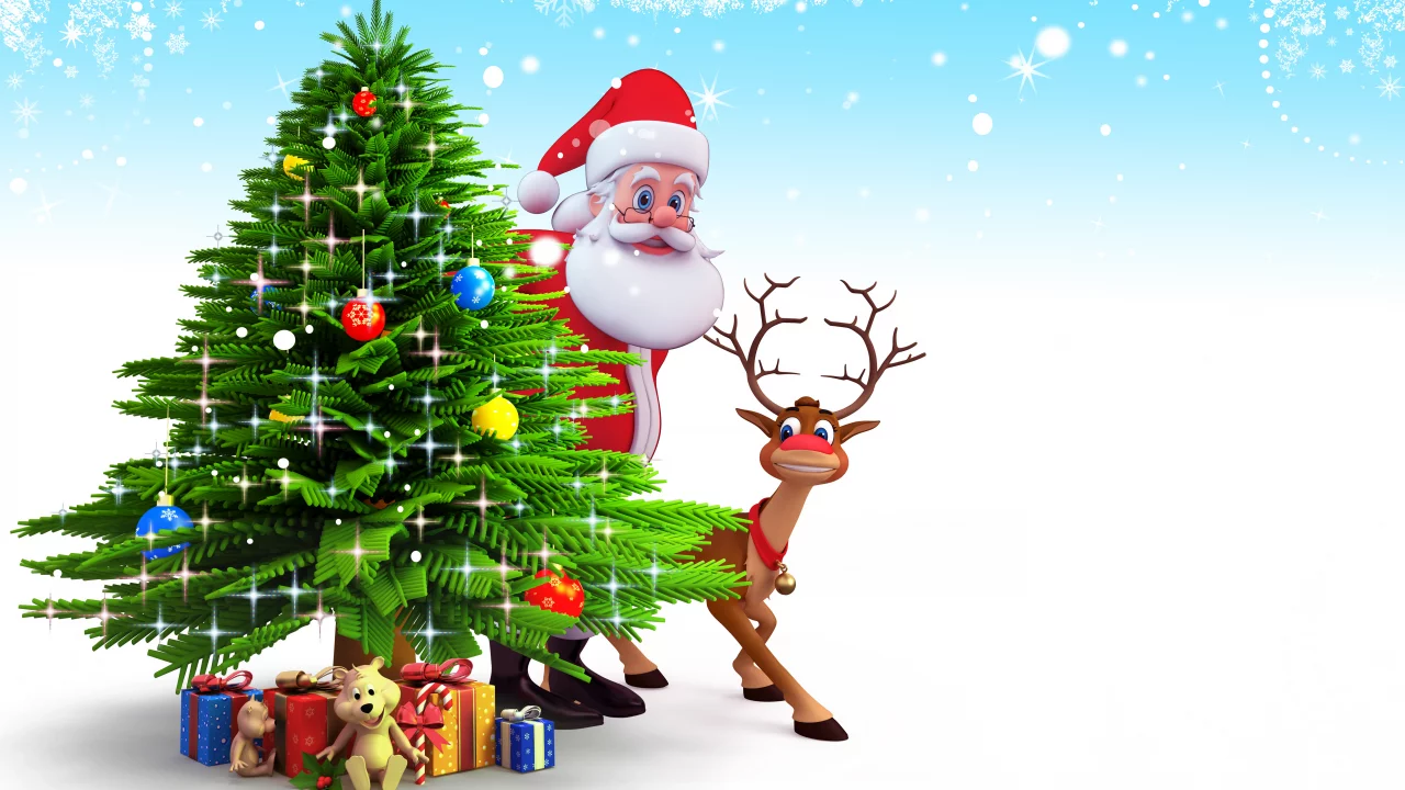 new year, christmas, gifts, 3d, рождество, santa claus, reindeer, snow, christmas tree