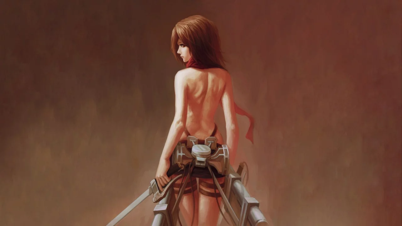 обнажена, взгляд, mikasa ackerman, девушка, спина, yinanhuanle, art