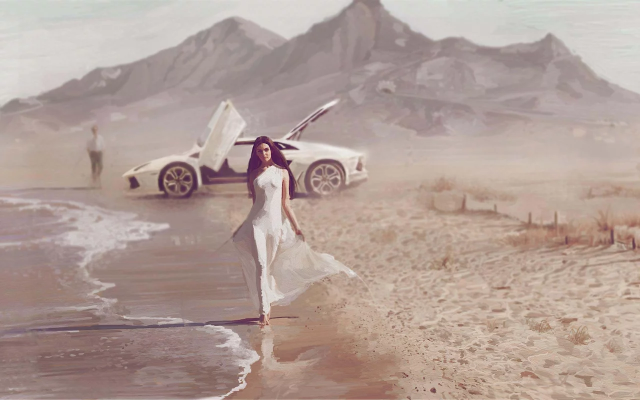 машина, арт, побережье, море, парень, porsche, девушка