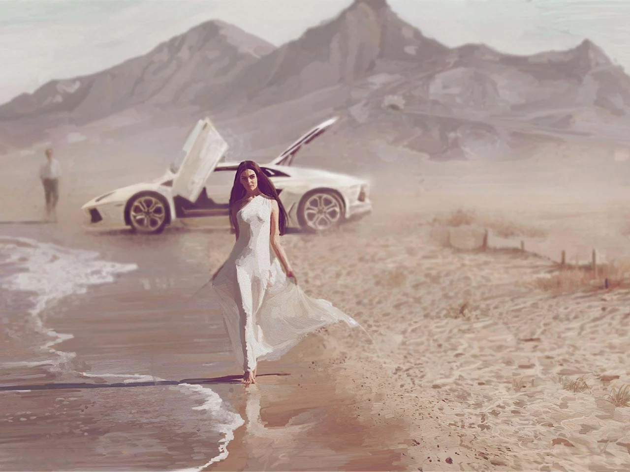 машина, арт, побережье, море, парень, porsche, девушка