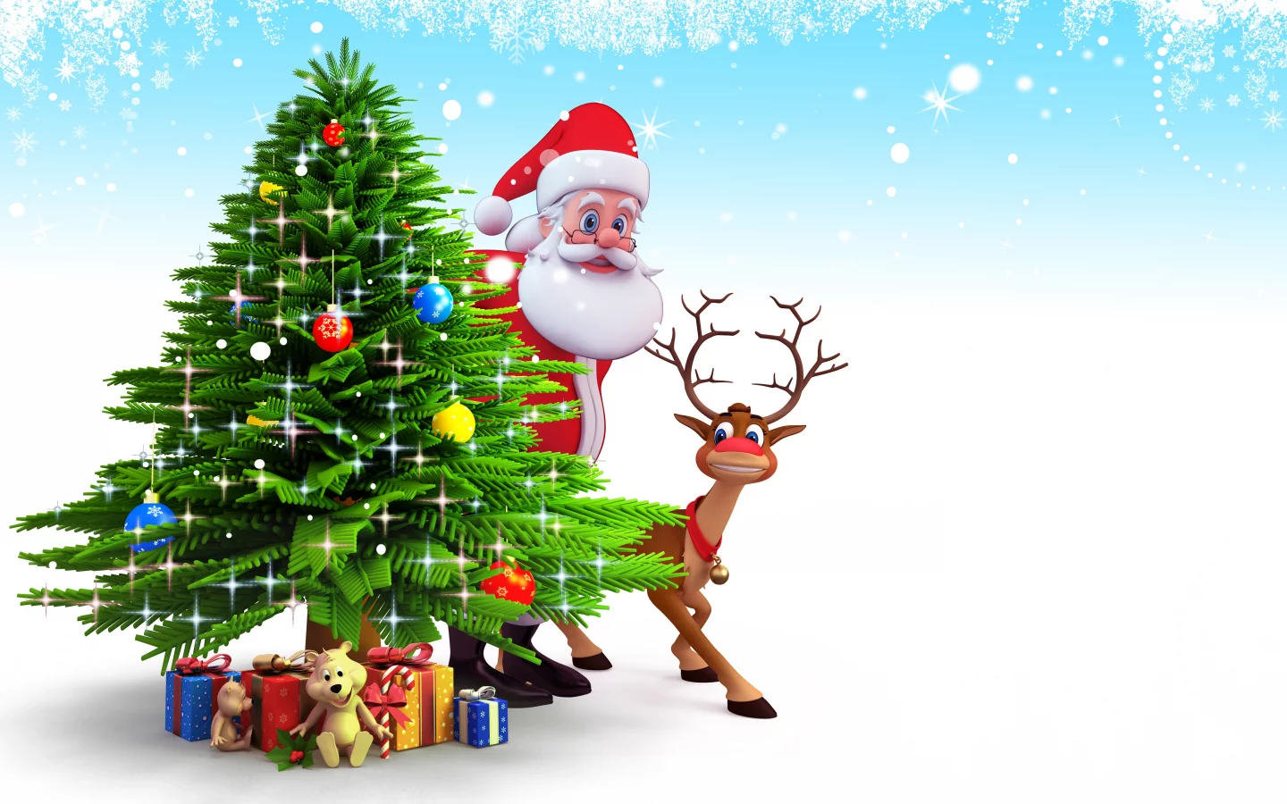 new year, christmas, gifts, 3d, рождество, santa claus, reindeer, snow, christmas tree