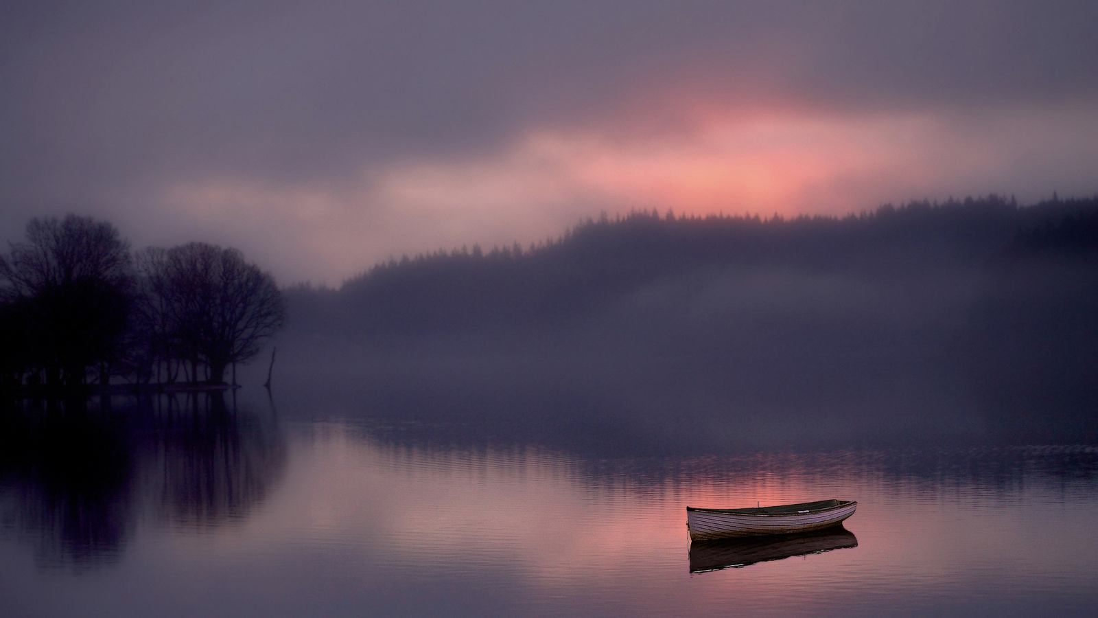 рассвет, озеро, лодка, туман, лес