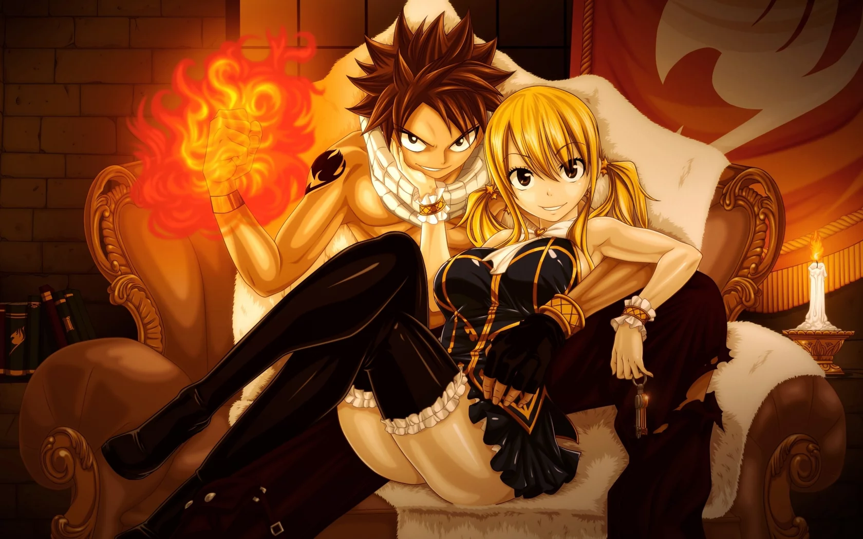 улыбка, взгляд, lucy heartfilia, парень, natsu dragneel, art, девушка