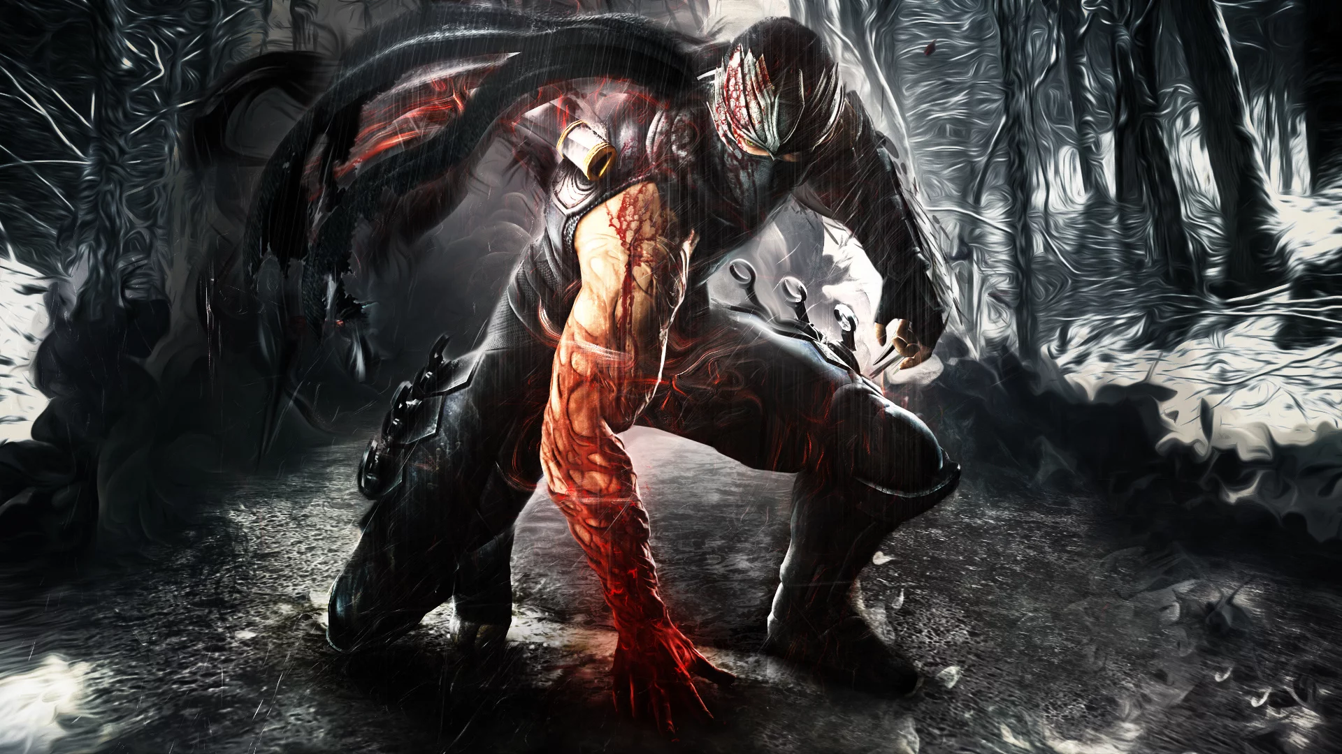 дождь, оружие, парень, доспехи, ниндзя, ninja gaiden, маска