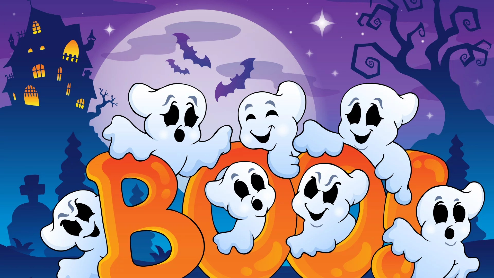 bats, хэллоуин, funny ghosts, full moon, vector art, boo, creepy house, halloween