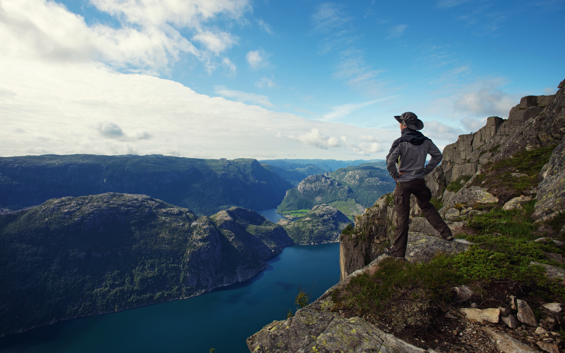 mountain, hiker , nature, clouds, panorama, sky, man, traveler, lonely, sea, lonely, guy, fjord 