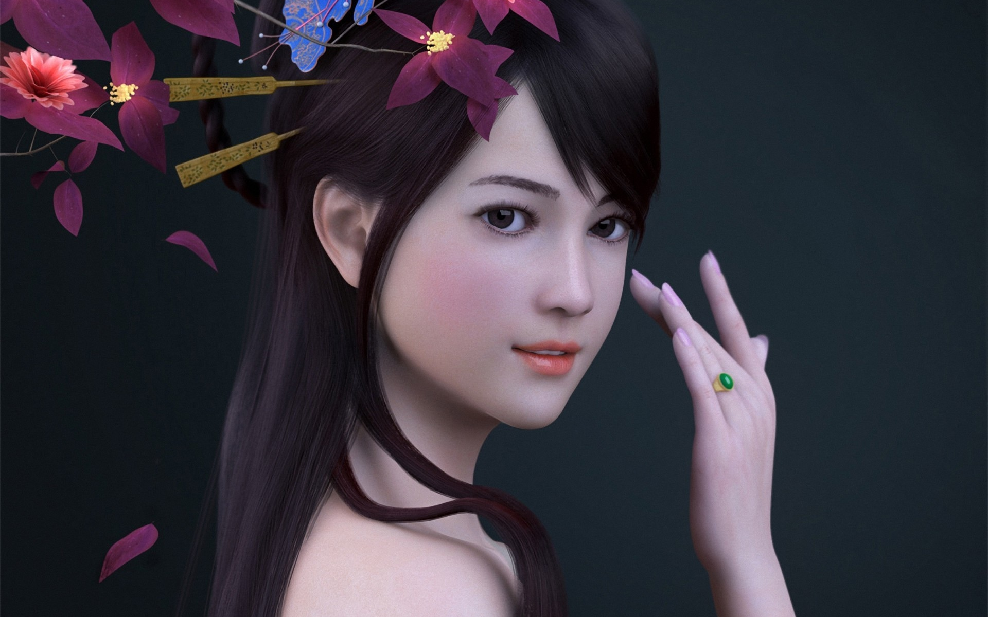 девушка, цветы, рендер, zhang qiang, рука, кольцо, азиатка