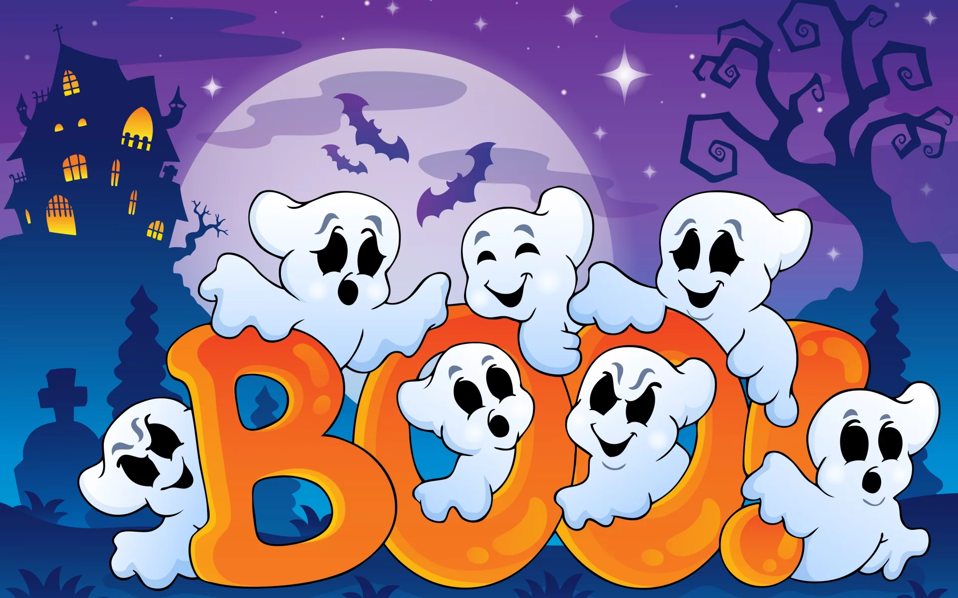 bats, хэллоуин, funny ghosts, full moon, vector art, boo, creepy house, halloween