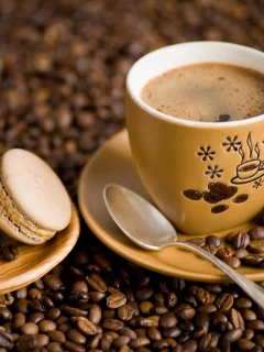 печенье, macaron, блюдце, макарун, кофе, чашка, зерна, ложка