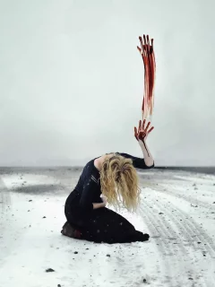 снег, знак, кровь, поле, рука, девушка