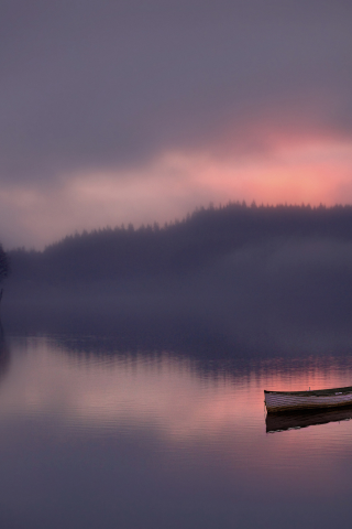 рассвет, озеро, лодка, туман, лес