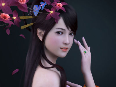 девушка, цветы, рендер, zhang qiang, рука, кольцо, азиатка