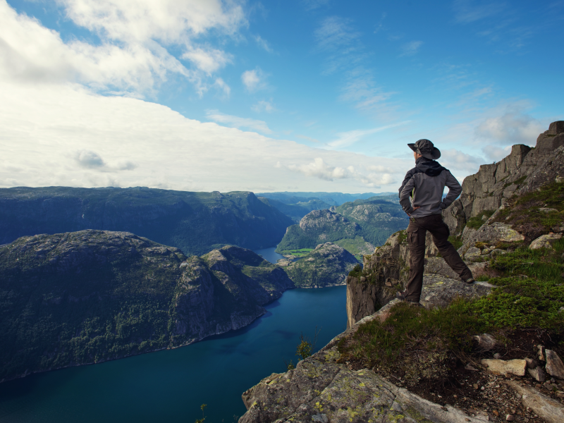 mountain, hiker , nature, clouds, panorama, sky, man, traveler, lonely, sea, lonely, guy, fjord 