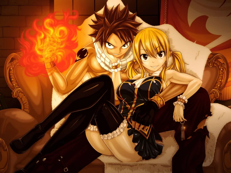 улыбка, взгляд, lucy heartfilia, парень, natsu dragneel, art, девушка