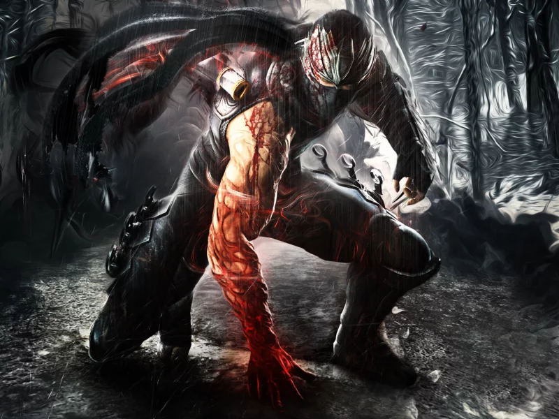 дождь, оружие, парень, доспехи, ниндзя, ninja gaiden, маска