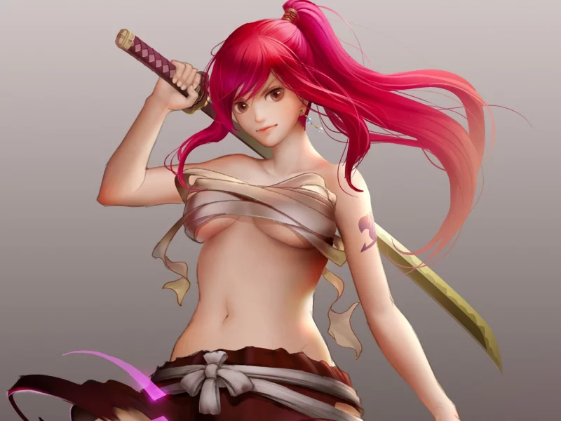 девушка, renyu1012, фон, бинты, fairy tail, меч, арт, erza scarlet 