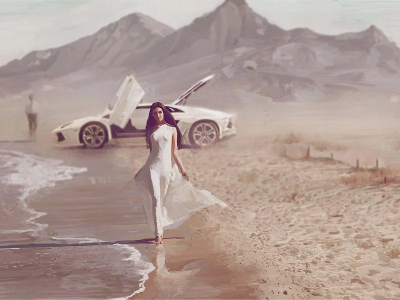 машина, арт, побережье, море, парень, porsche, девушка