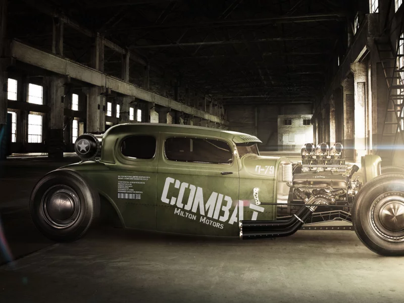 hot rod, ангар, combat, green, блик