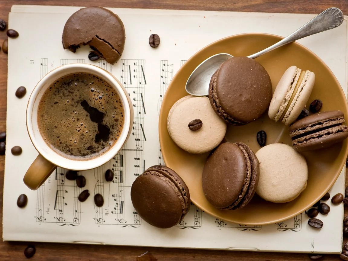 кофе, чашка, макарун, шоколадное, печенье, зерна, macaron