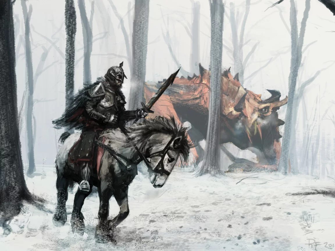лес, конь, всадник, арт, монстр, человек, воин