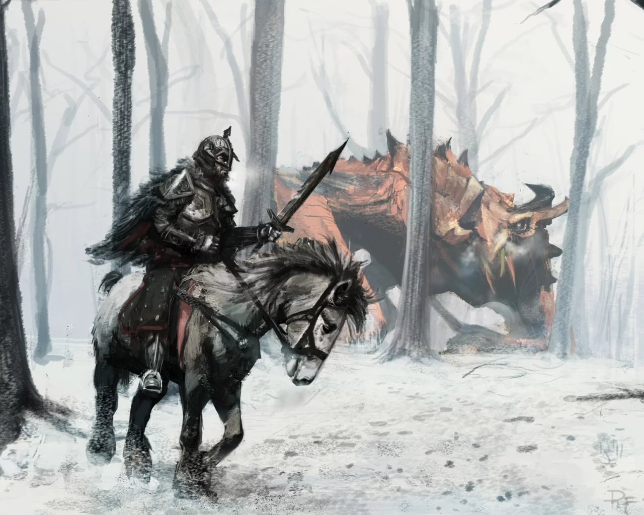 лес, конь, всадник, арт, монстр, человек, воин