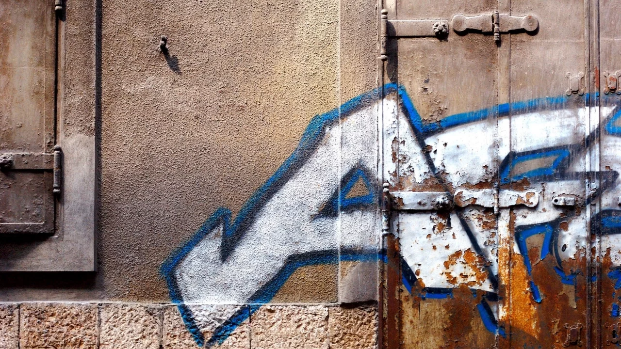 white, pattern, paint spray, door, hinges, window, blue, street art