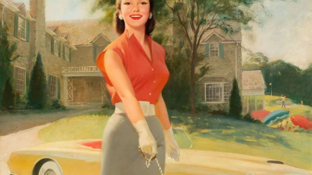 дом, юбка, ретро, машина, девушка, bill medcalf, перчатки