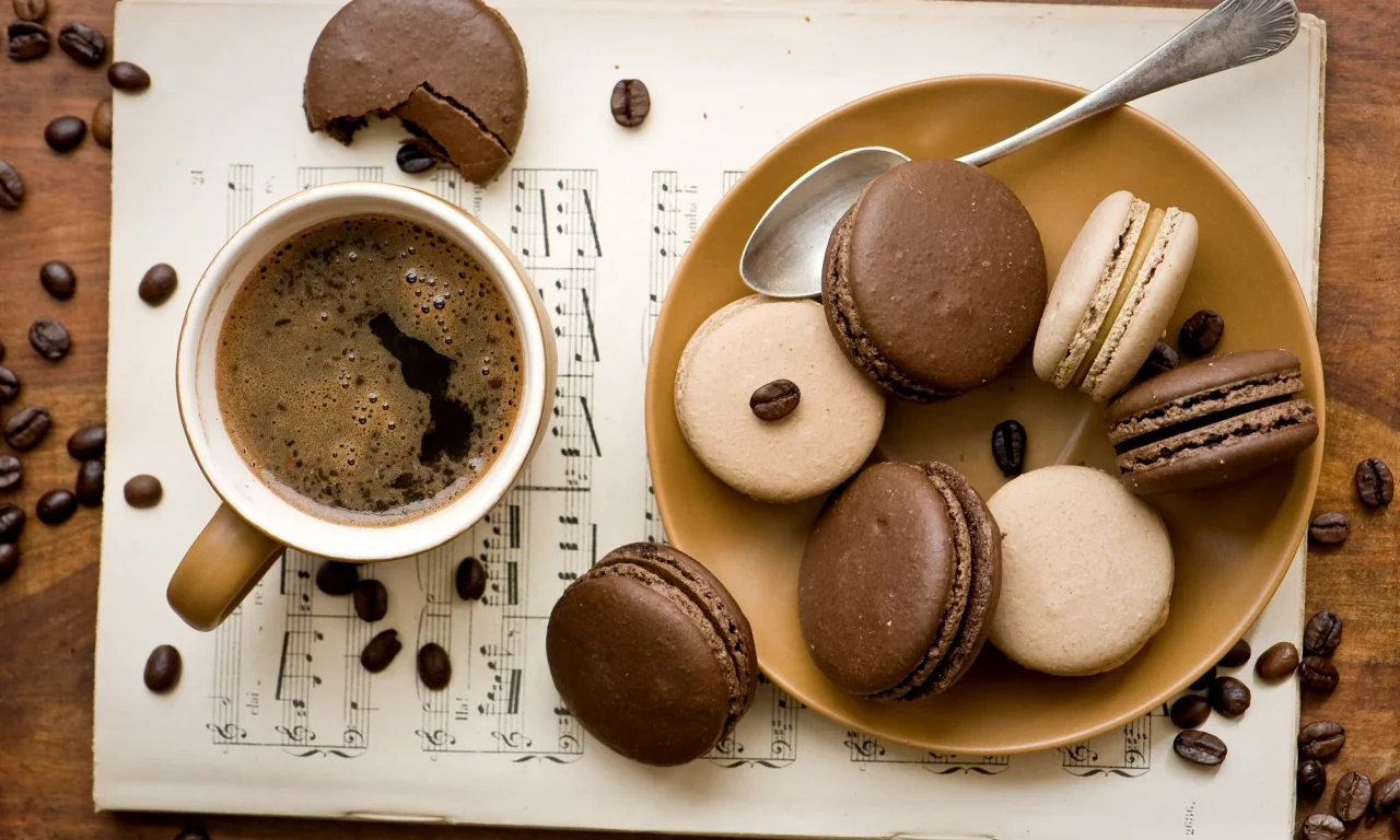 кофе, чашка, макарун, шоколадное, печенье, зерна, macaron