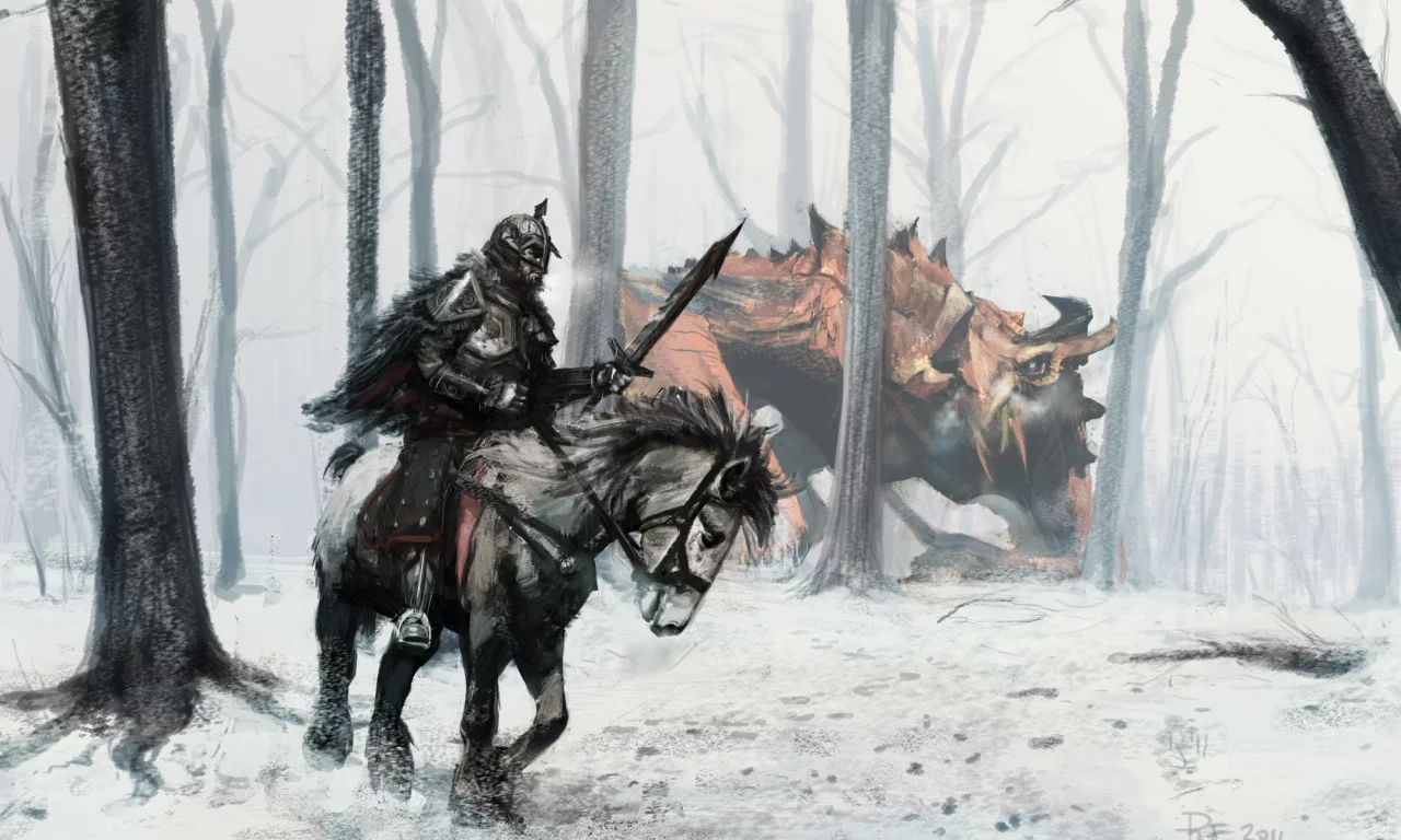 лес, конь, всадник, арт, монстр, человек, воин