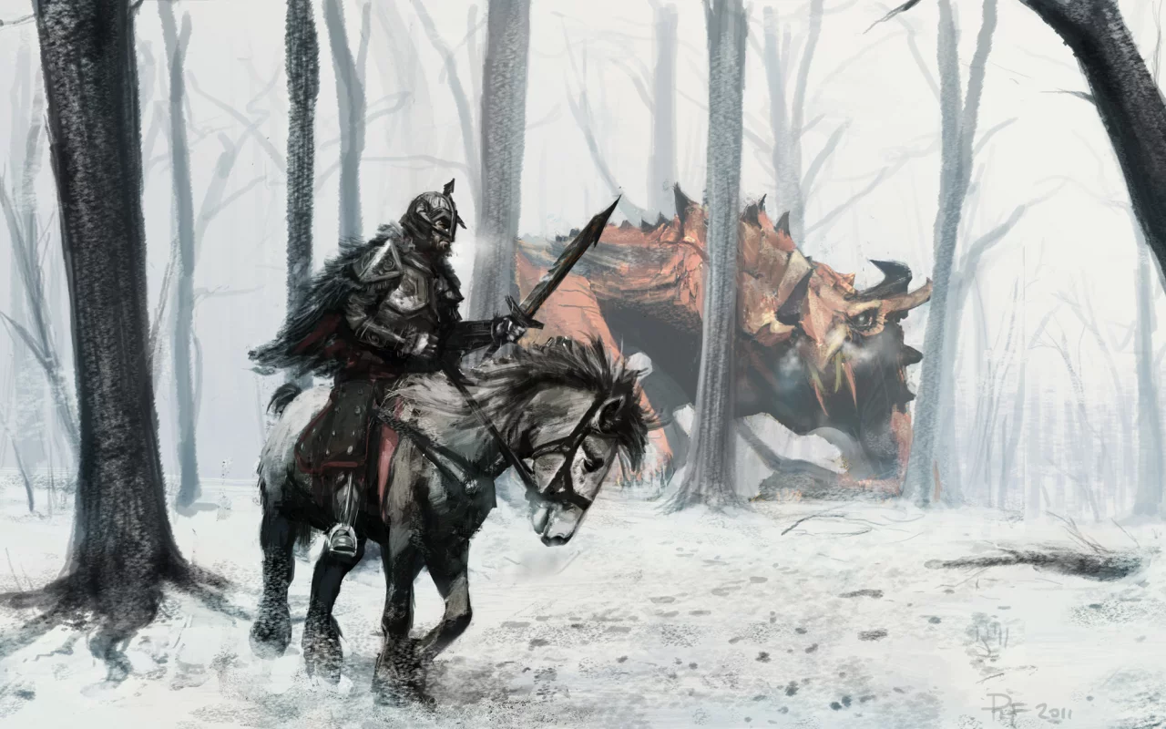 лес, конь, всадник, арт, монстр, человек, воин