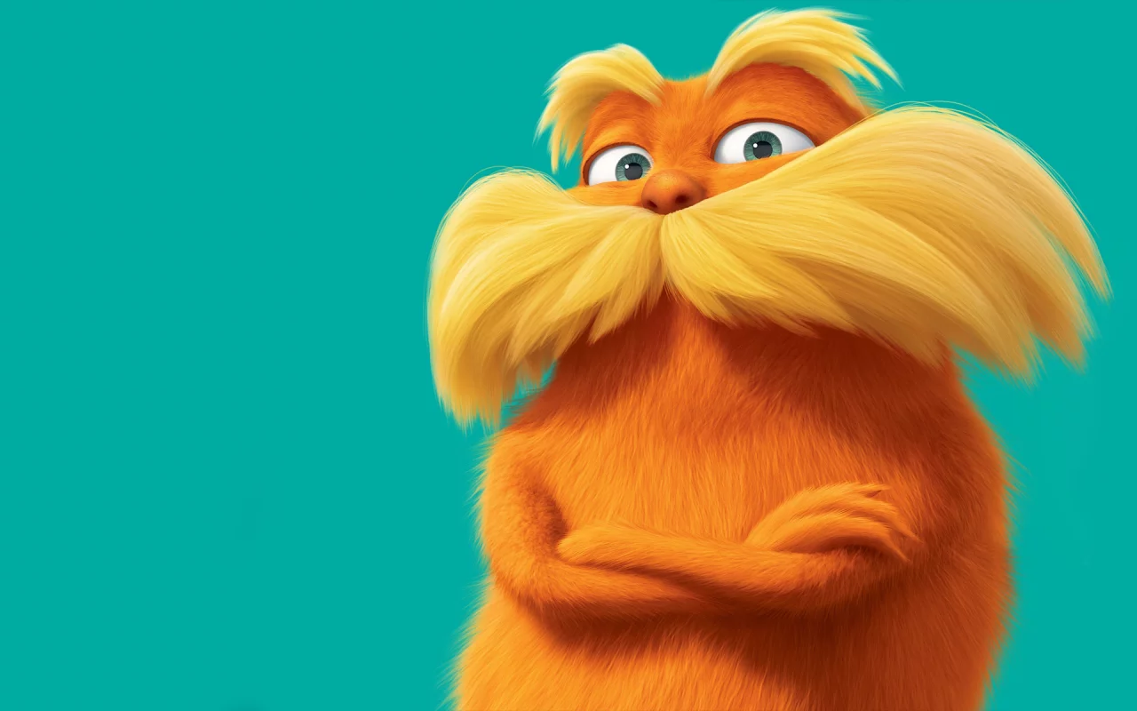 усатый, лоракс, оранжевый, the lorax, синий фон