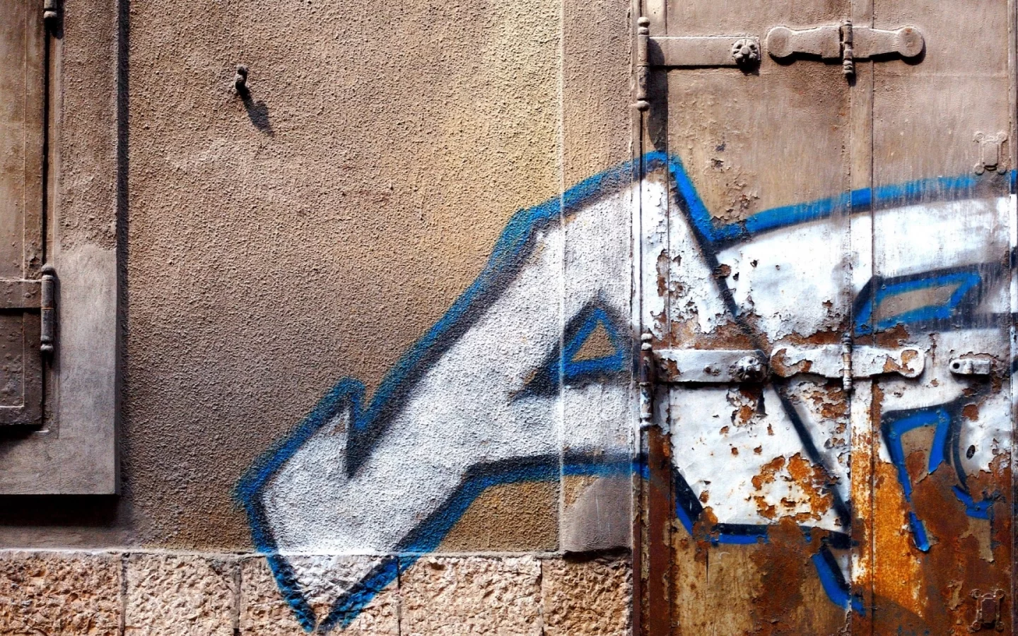 white, pattern, paint spray, door, hinges, window, blue, street art