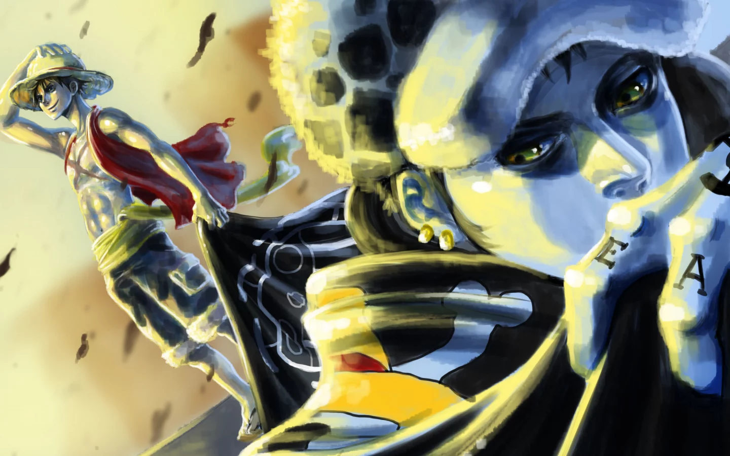 monkey d luffy, trafalgar law, шляпа, ветер, парни, one piece 