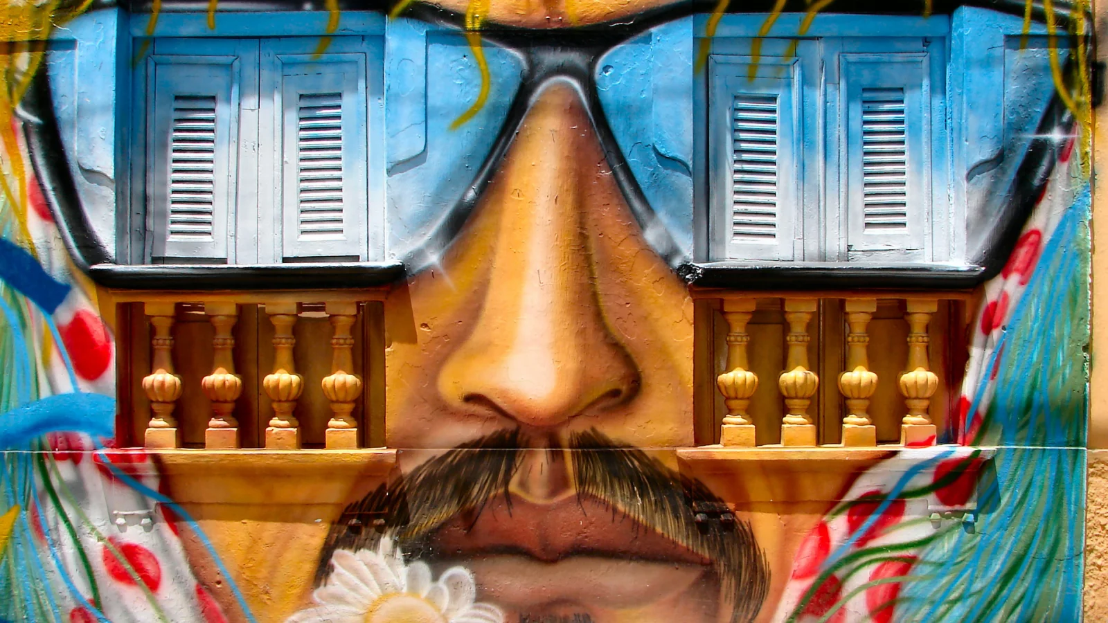artistic, glasses sun, window, nose, whiskers, mouth, flower art, graffiti, wall