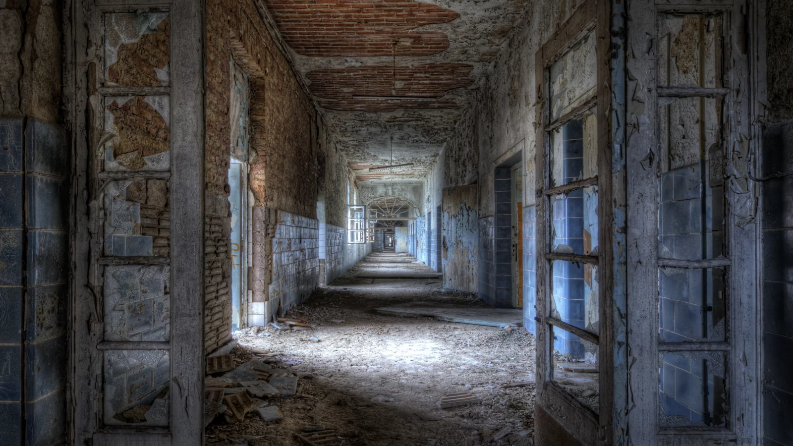 walls without paint, construction, building, halls, dirt, ruins, broken windows